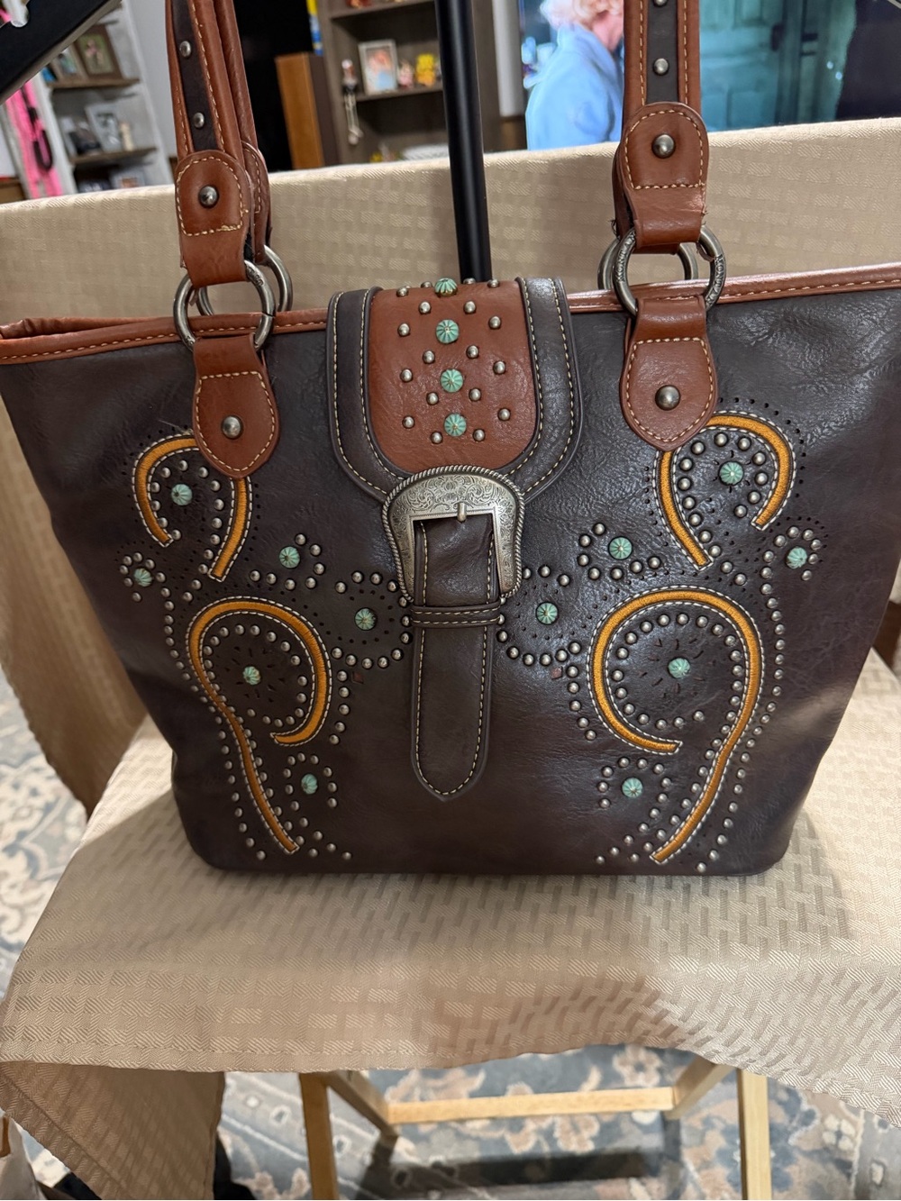 Montana West Brown Tote with Tan Straps and Mint Stud Accents